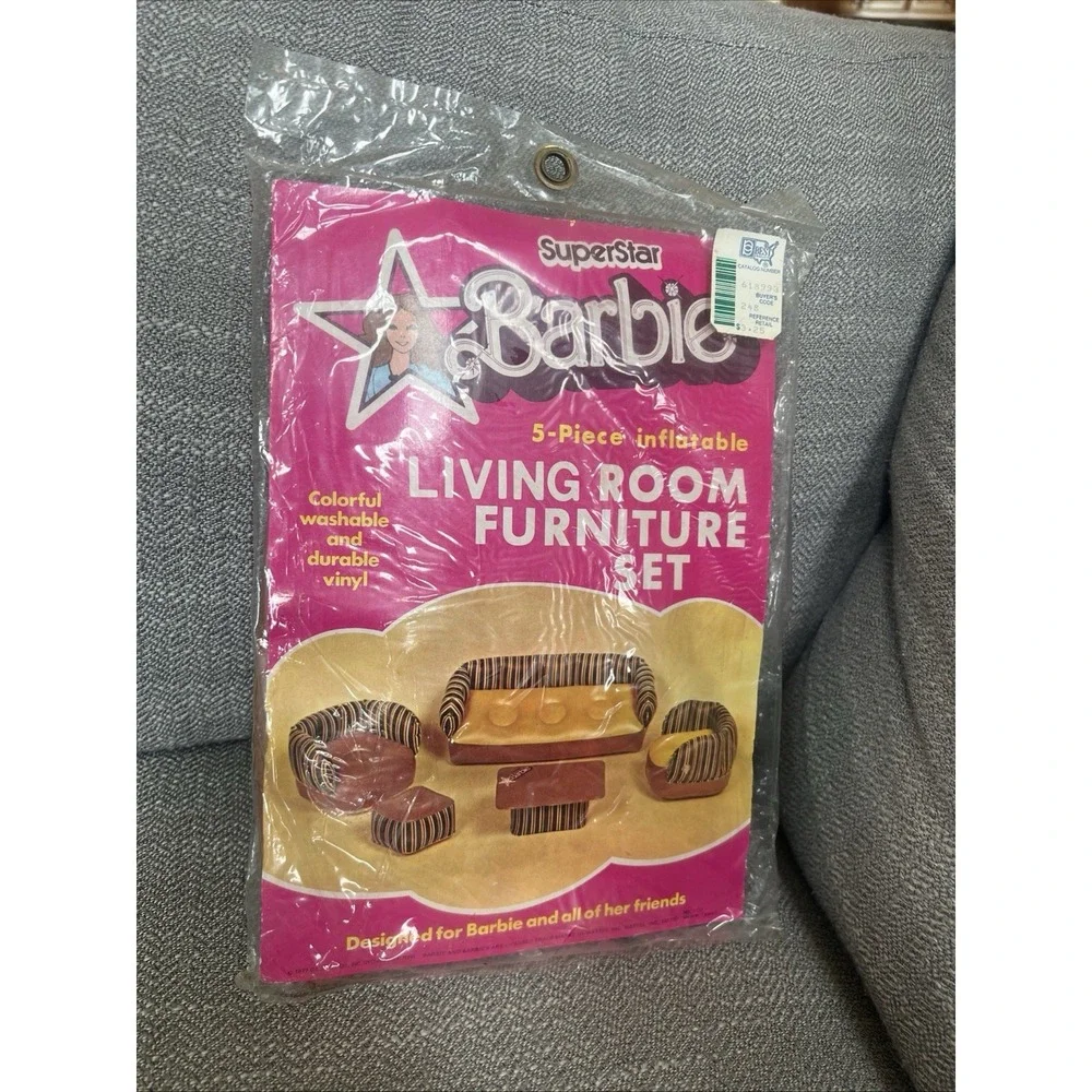 Barbie Superstar Inflatable Living Room Furniture Set Brown Yellow Stripe New